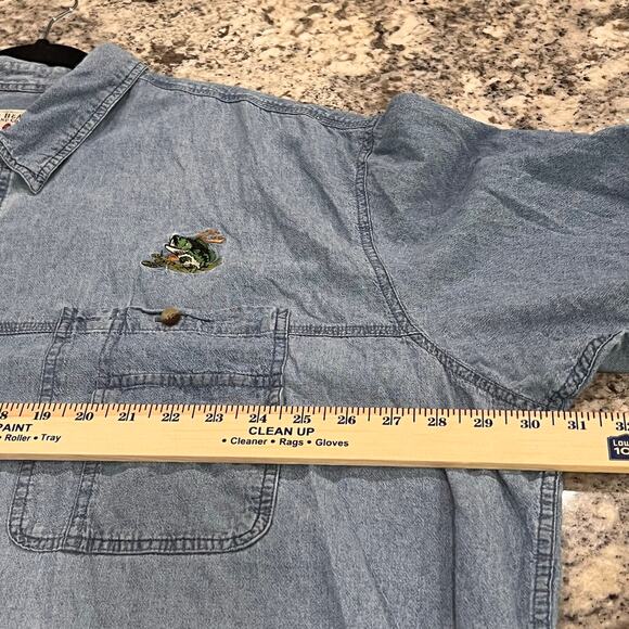 Fishing Shirt - Mens 4XL- Blue Denim Look - 100% Cotton - Embroidered Fish- SS - Picture 8 of 10